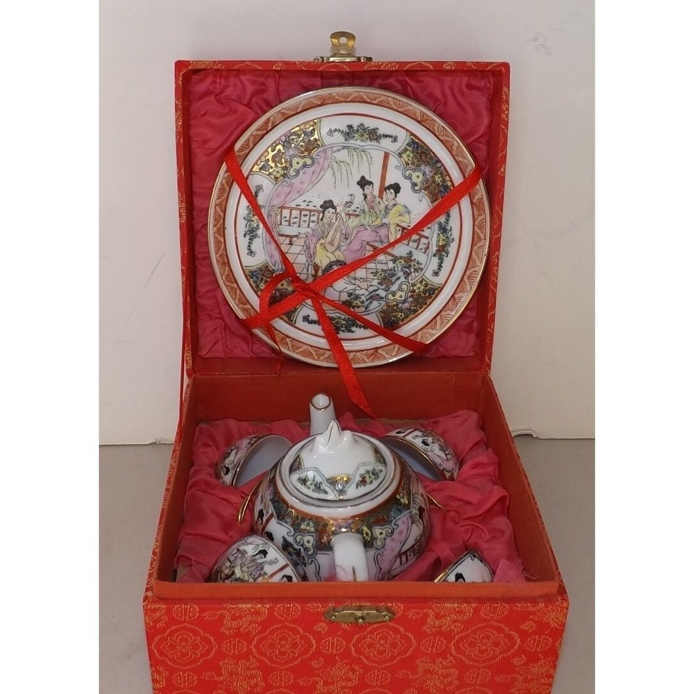 Miniature Porcelain Asian Tea Set in Asian Box - See Description for Details